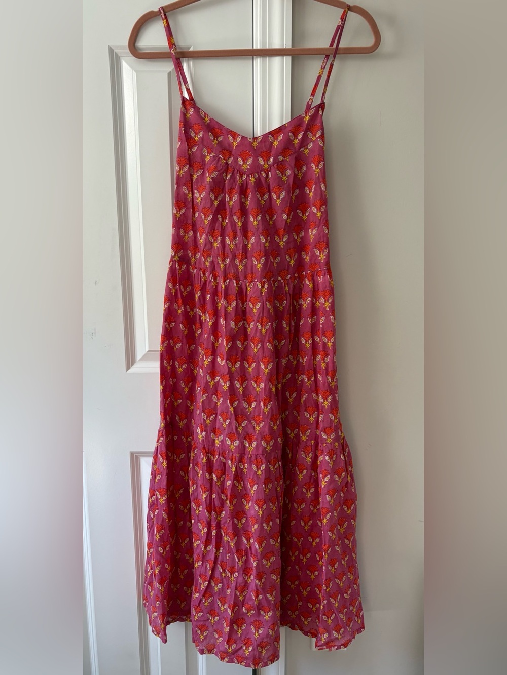 SZ Blockprints Hot Pink Wheat Floral Tiered Maxi Dress Flowy Boho Print M